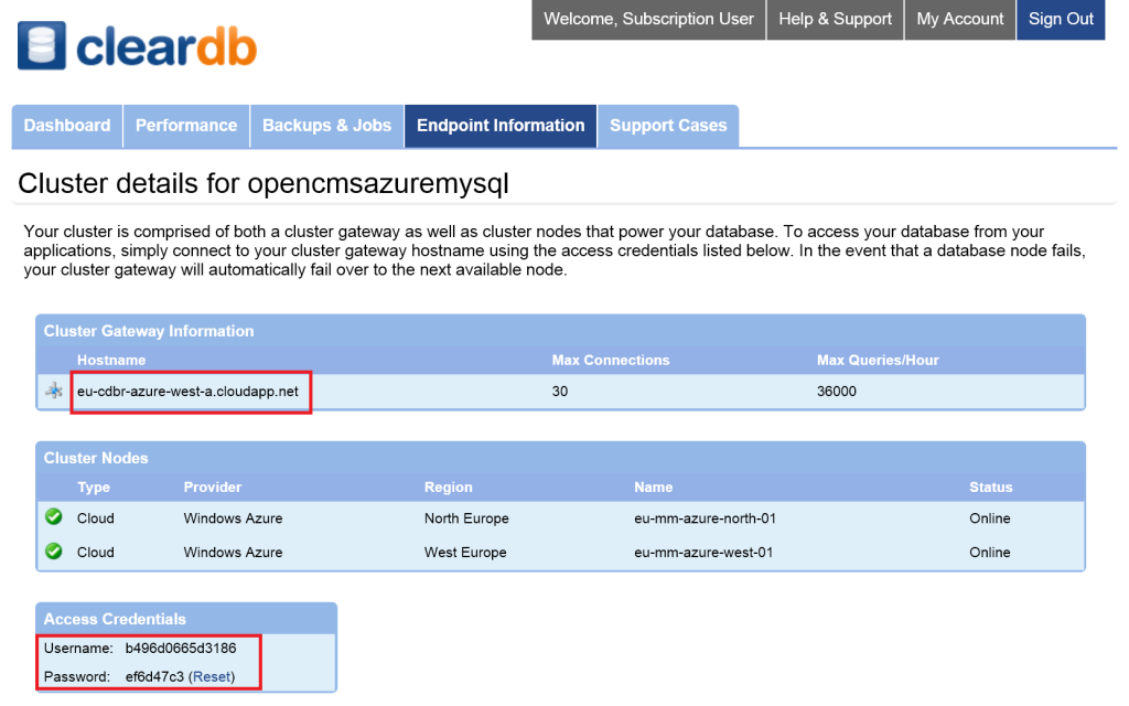 cleardb endpoint information